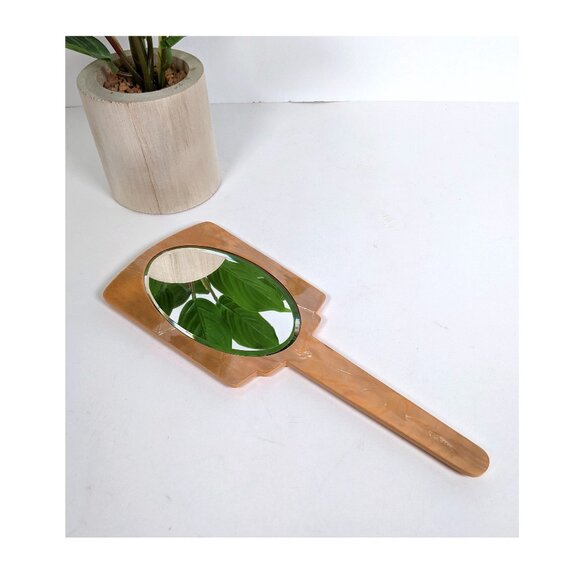 Vintage Art Deco Pearlized Bakelite Hand Held  Mirror 10”Inlayed Floral Motif - Picture 2 of 5